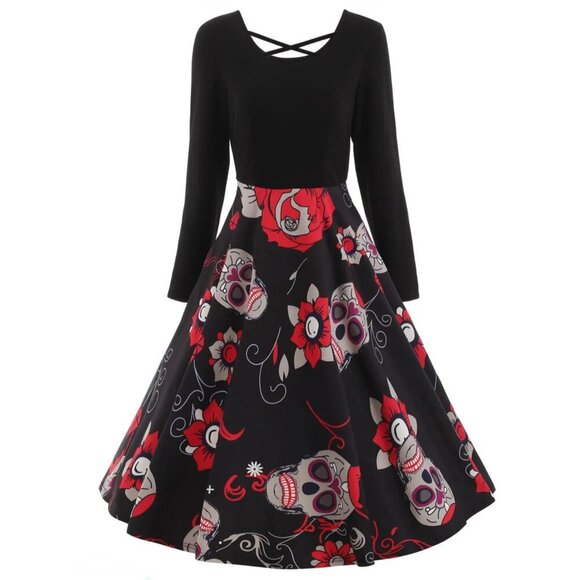 Sugar Skull Gothic Halloween Dress – Criss-Cross Back Long Sleeve Red Black | 2X - Picture 3 of 8